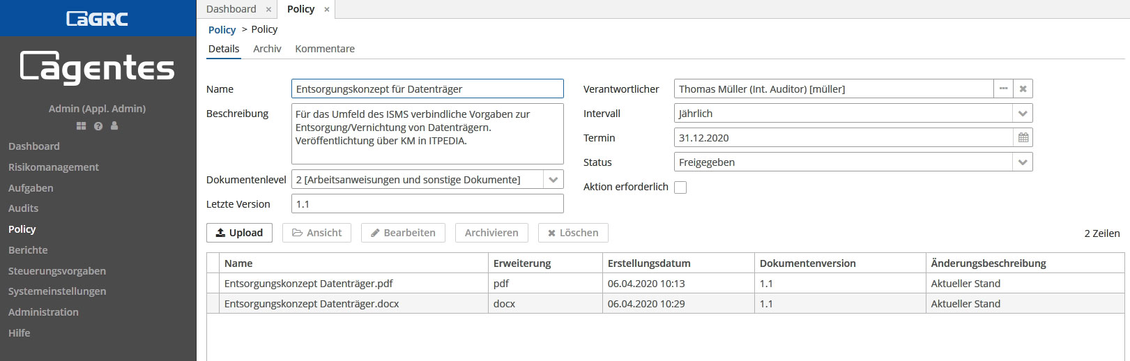  aGRC Software - Policy – Detailansicht